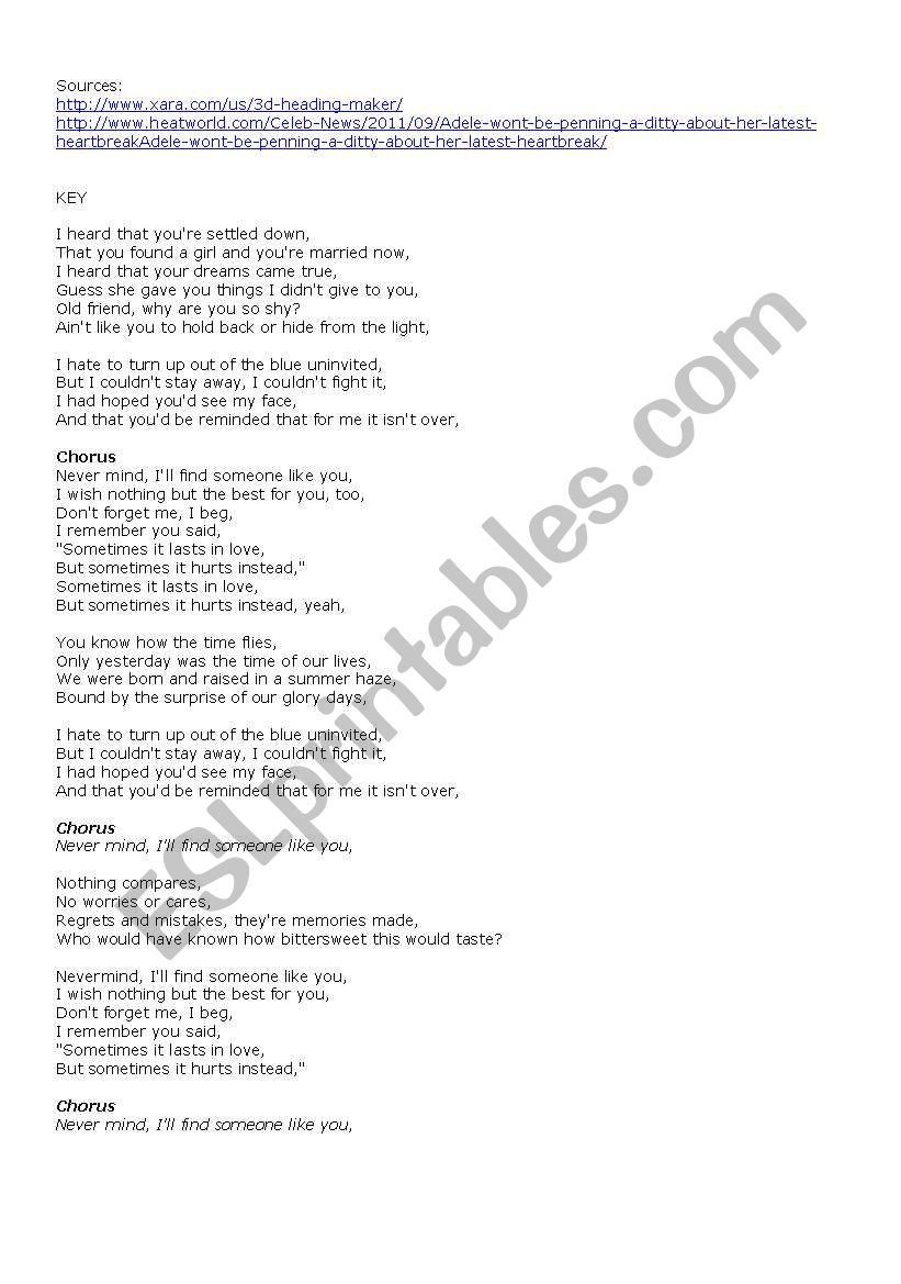 Someone Like You Esl Worksheet By Cris M