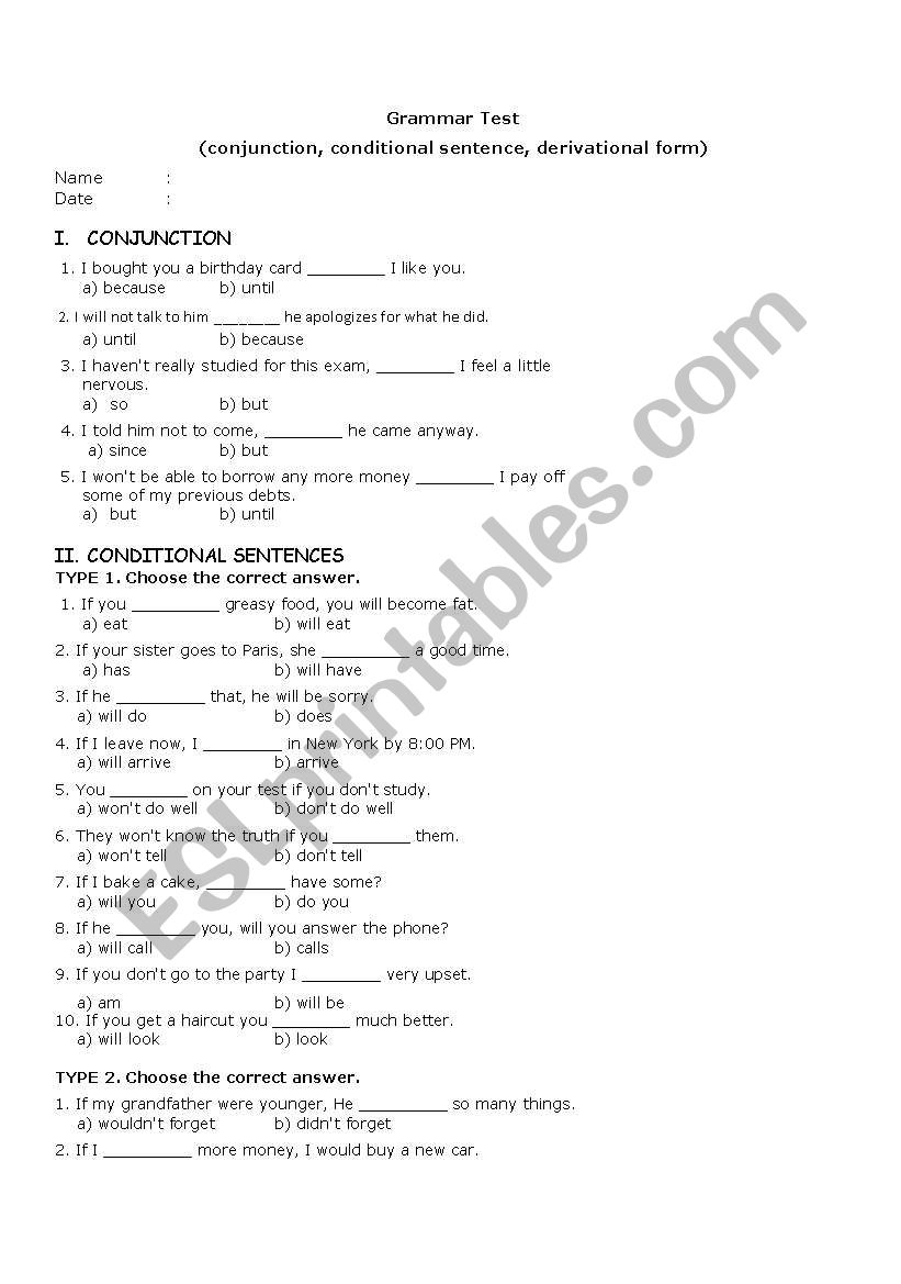 grammar test for intermediate worksheet