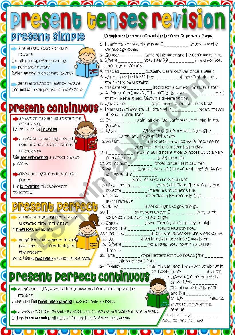 Mixed Present Tenses Revision (Greyscale + KEY included)