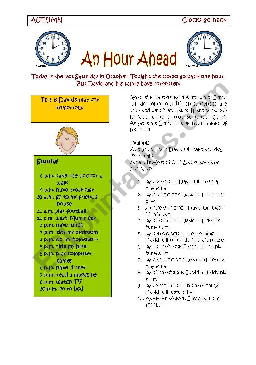 An Hour Ahead worksheet
