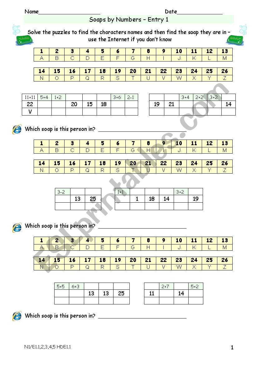 English soaps Letter and Number puzzle E1