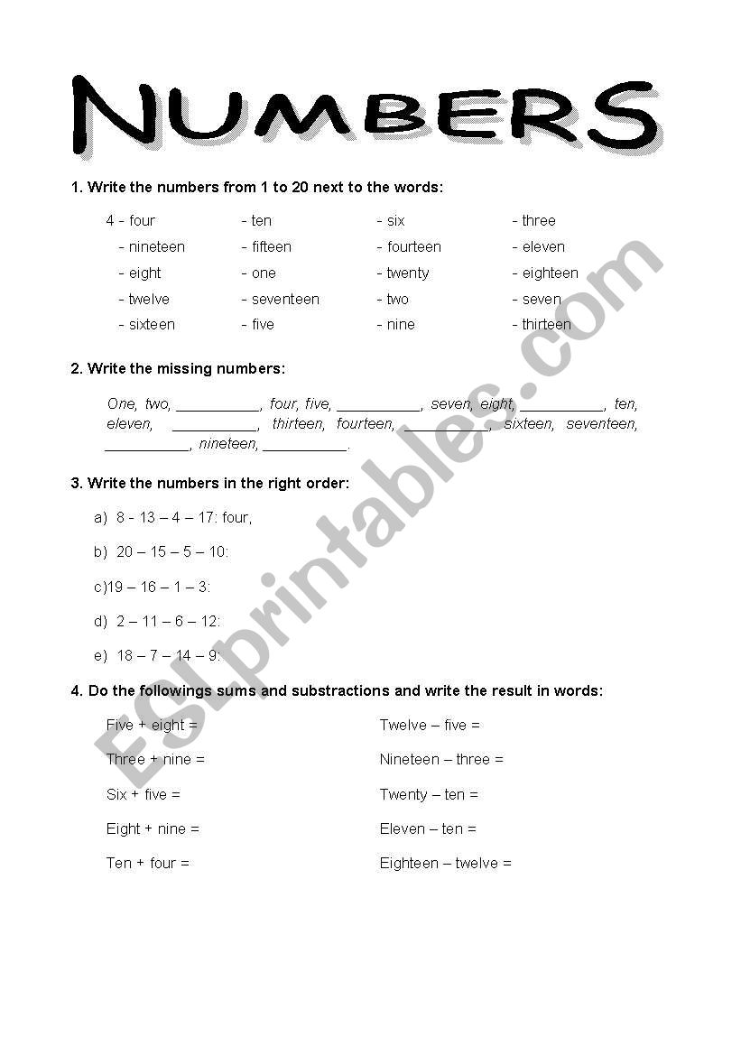 Numbers 1-20 and 20-100 worksheet
