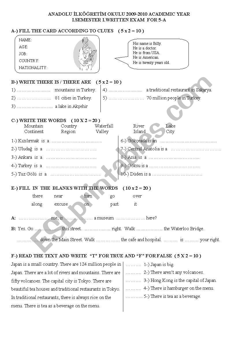 Written exam worksheet