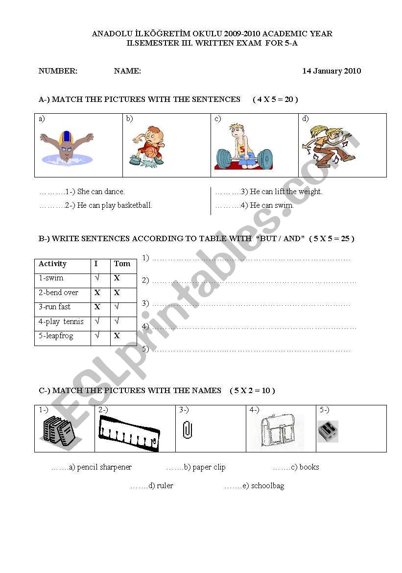 written exam worksheet