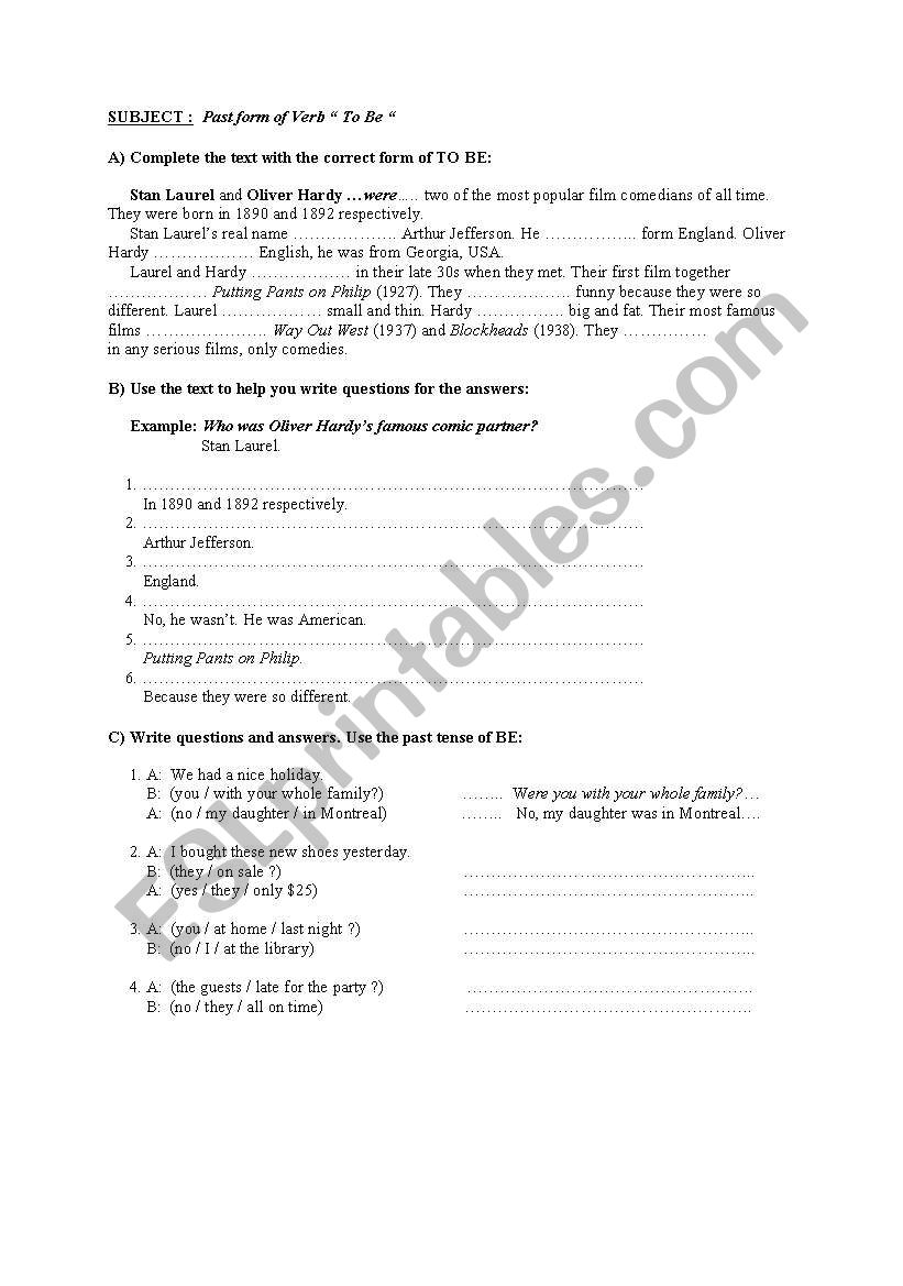 past of to be worksheet
