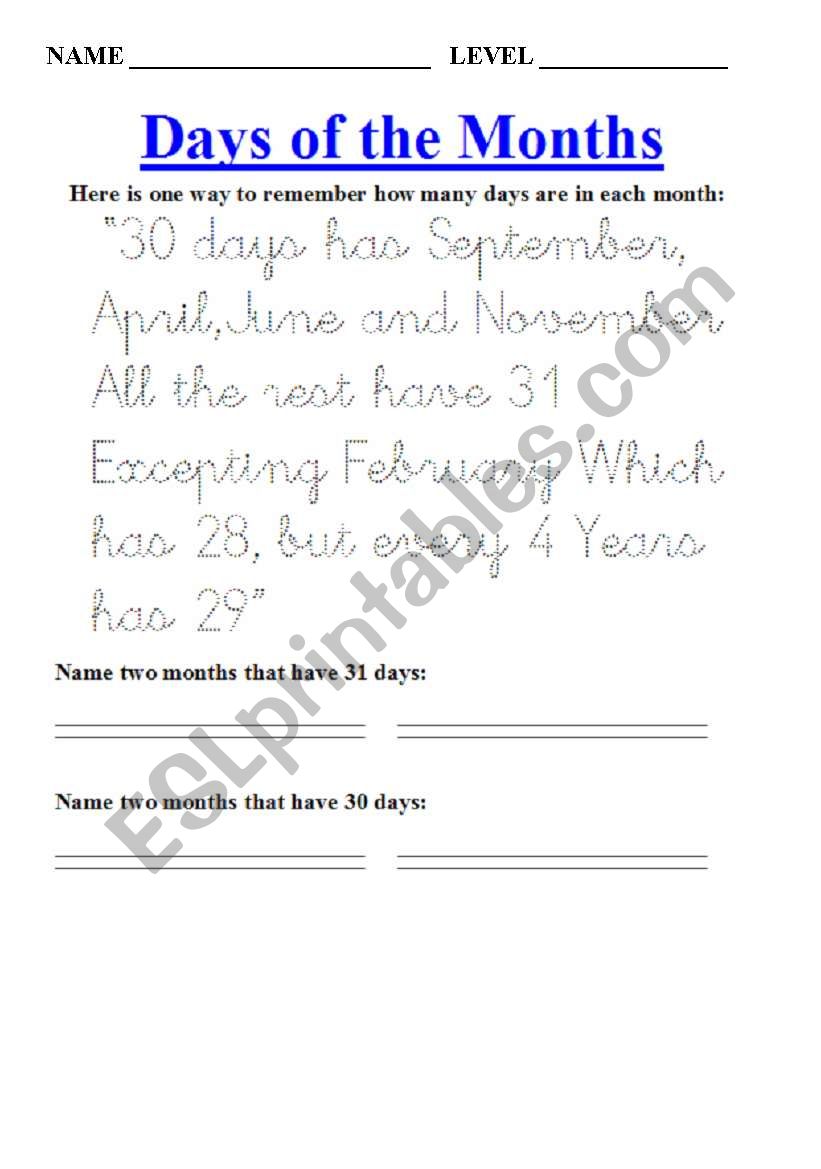 Days of the months song worksheet