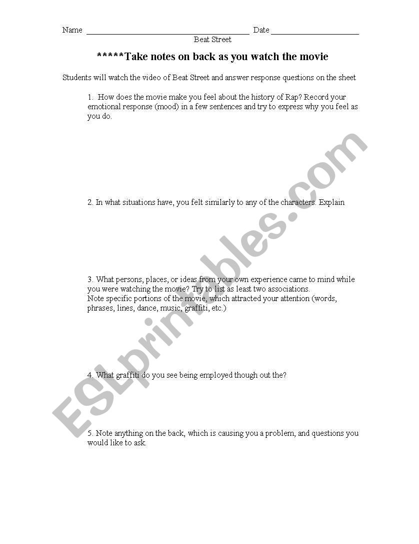 Beat Street Movie Sheet worksheet