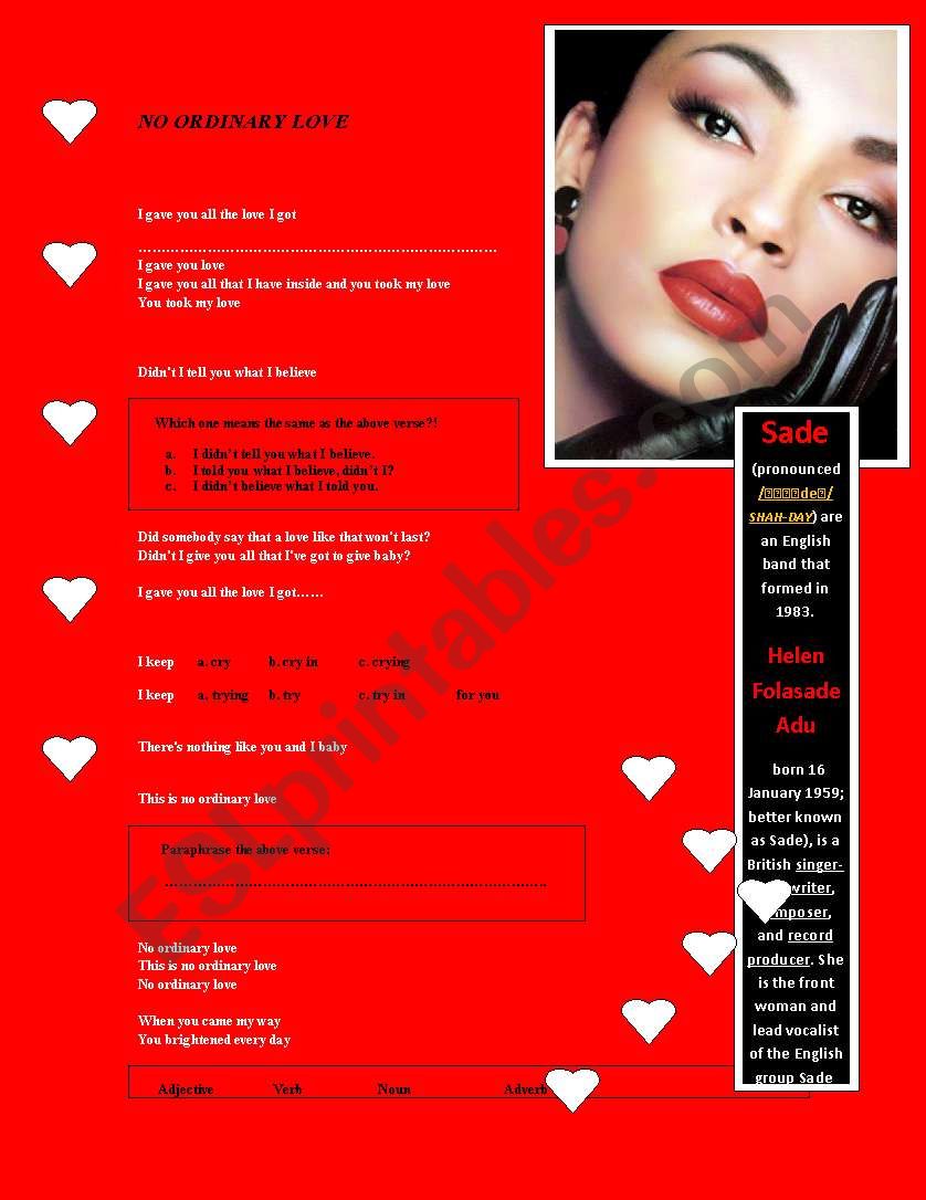 No Ordinary Love - Sade worksheet