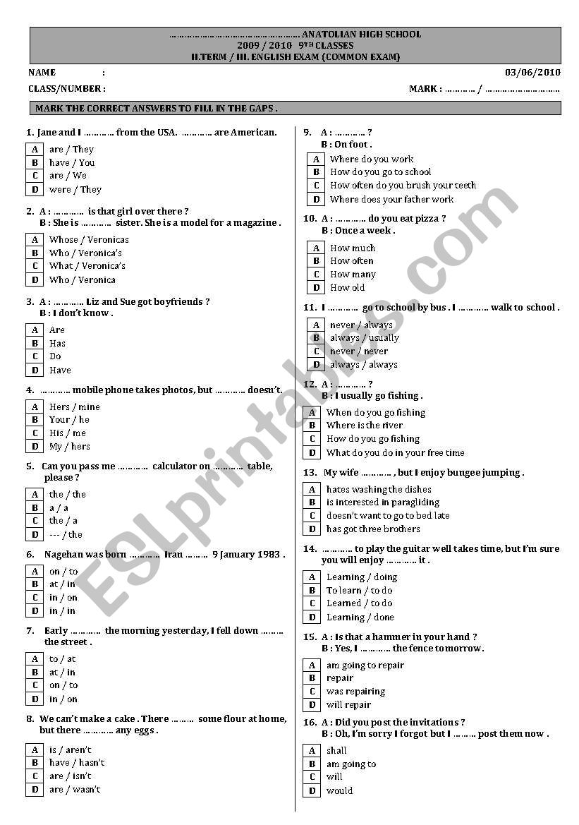 Test for elementary level worksheet