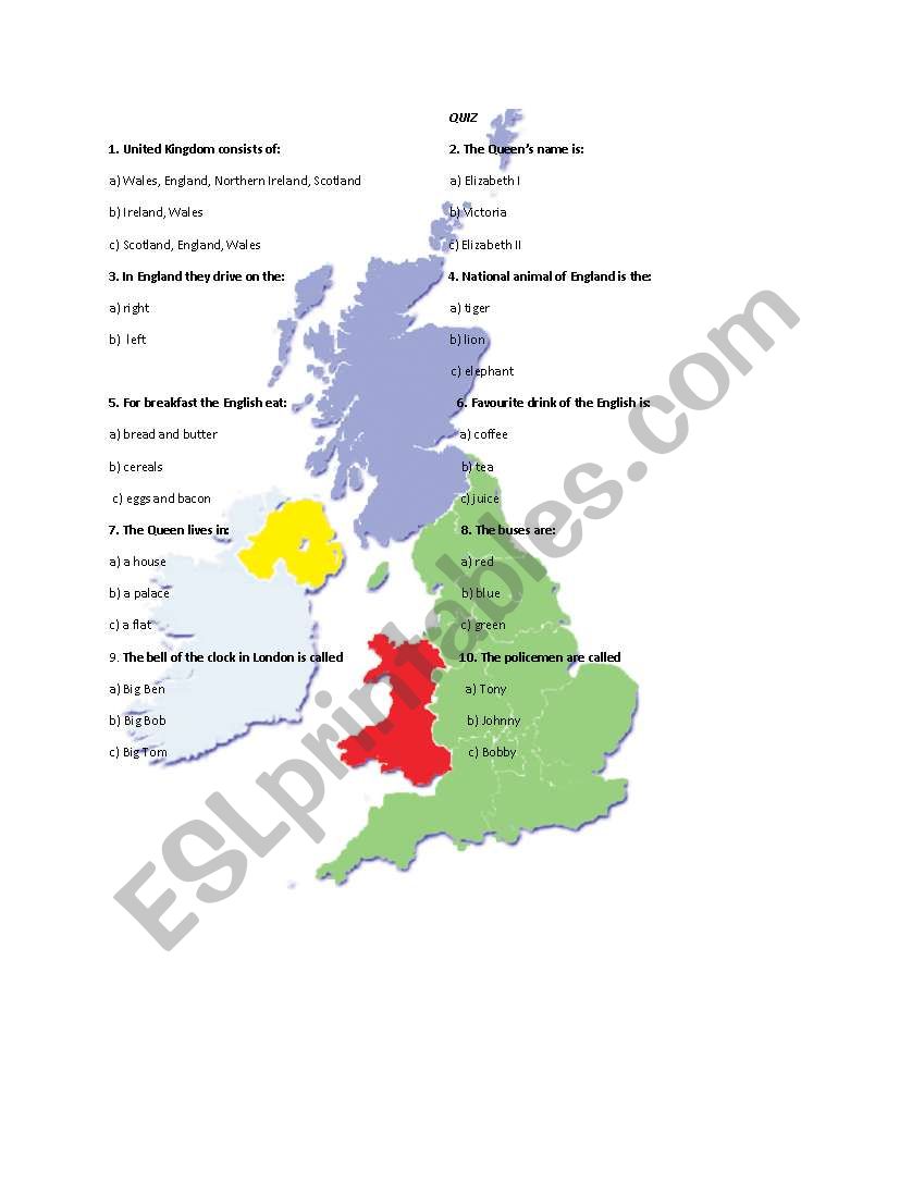 United KIngdom quiz worksheet