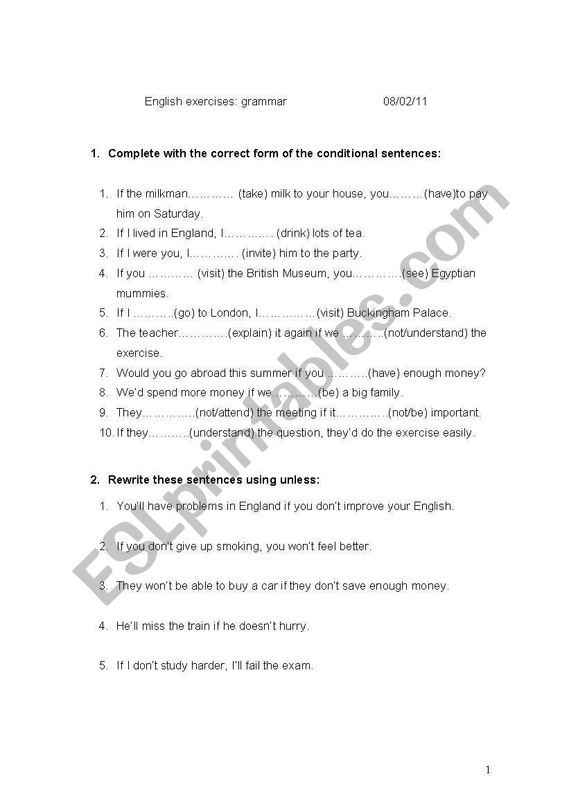 Conditional exercises worksheet