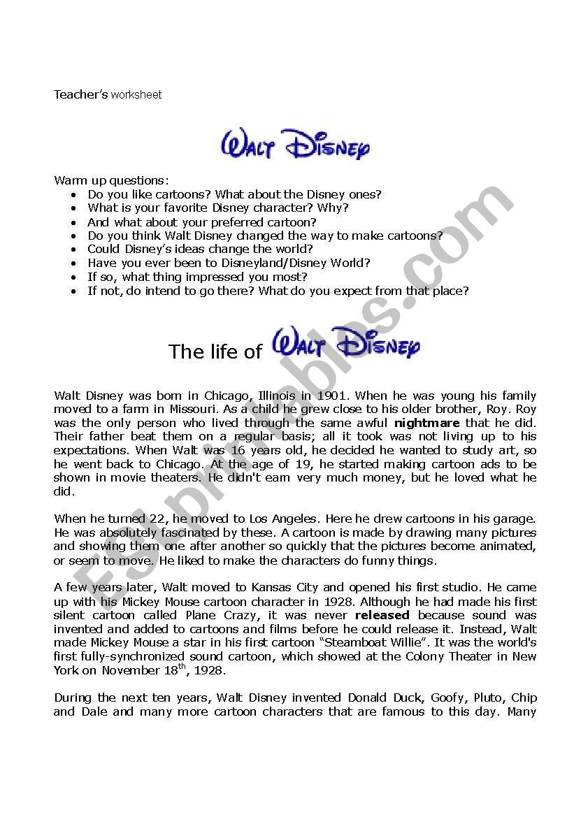 Walt Disney s life worksheet