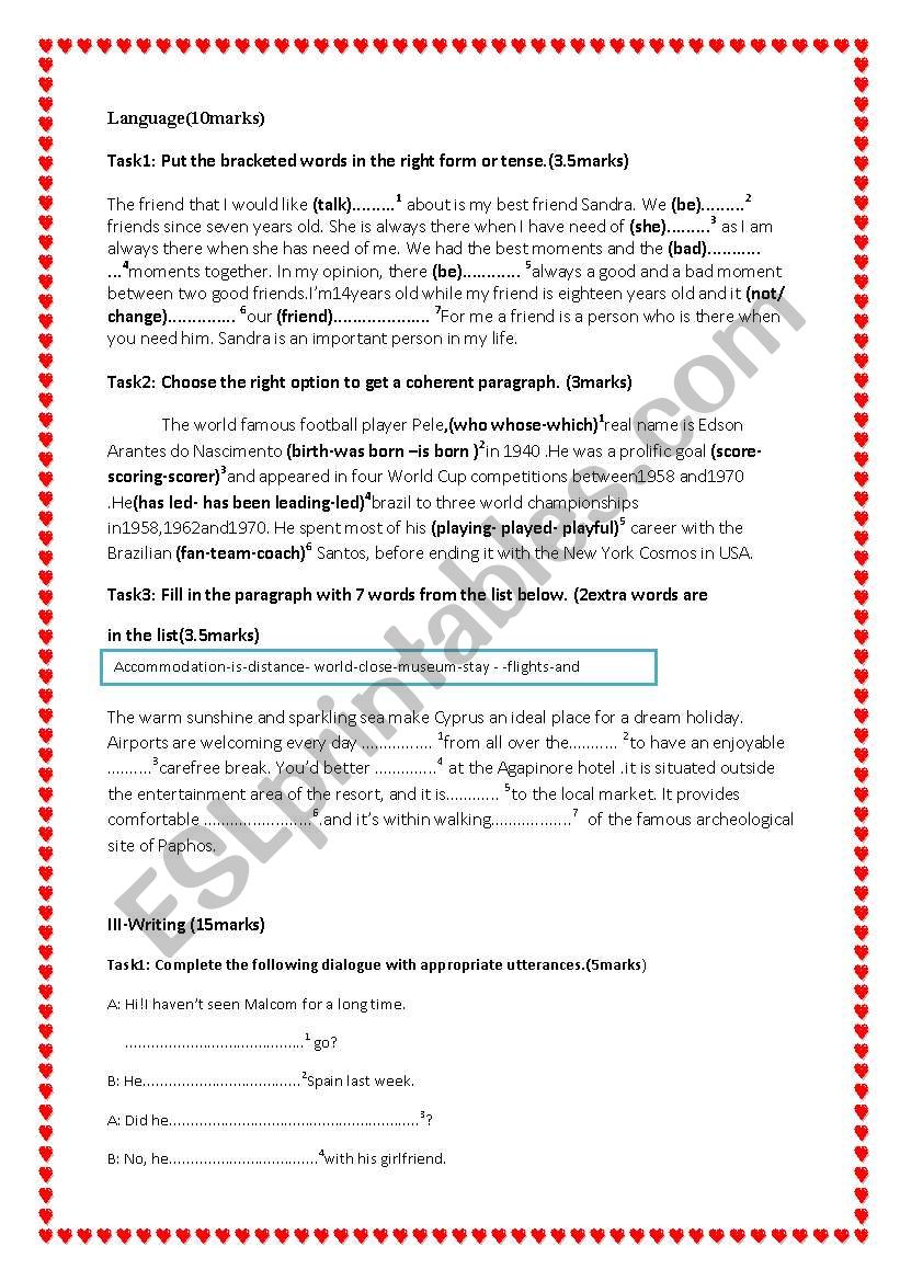  full term test 2nd forms worksheet