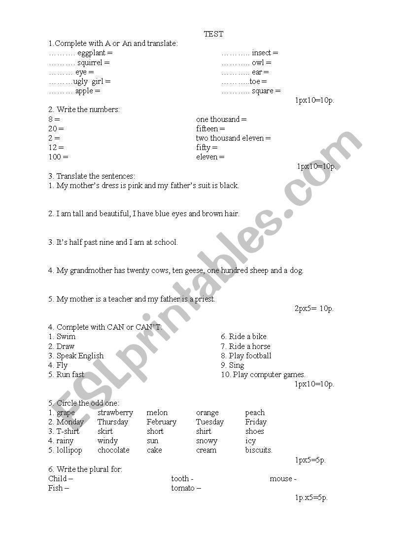 Test for beginners worksheet