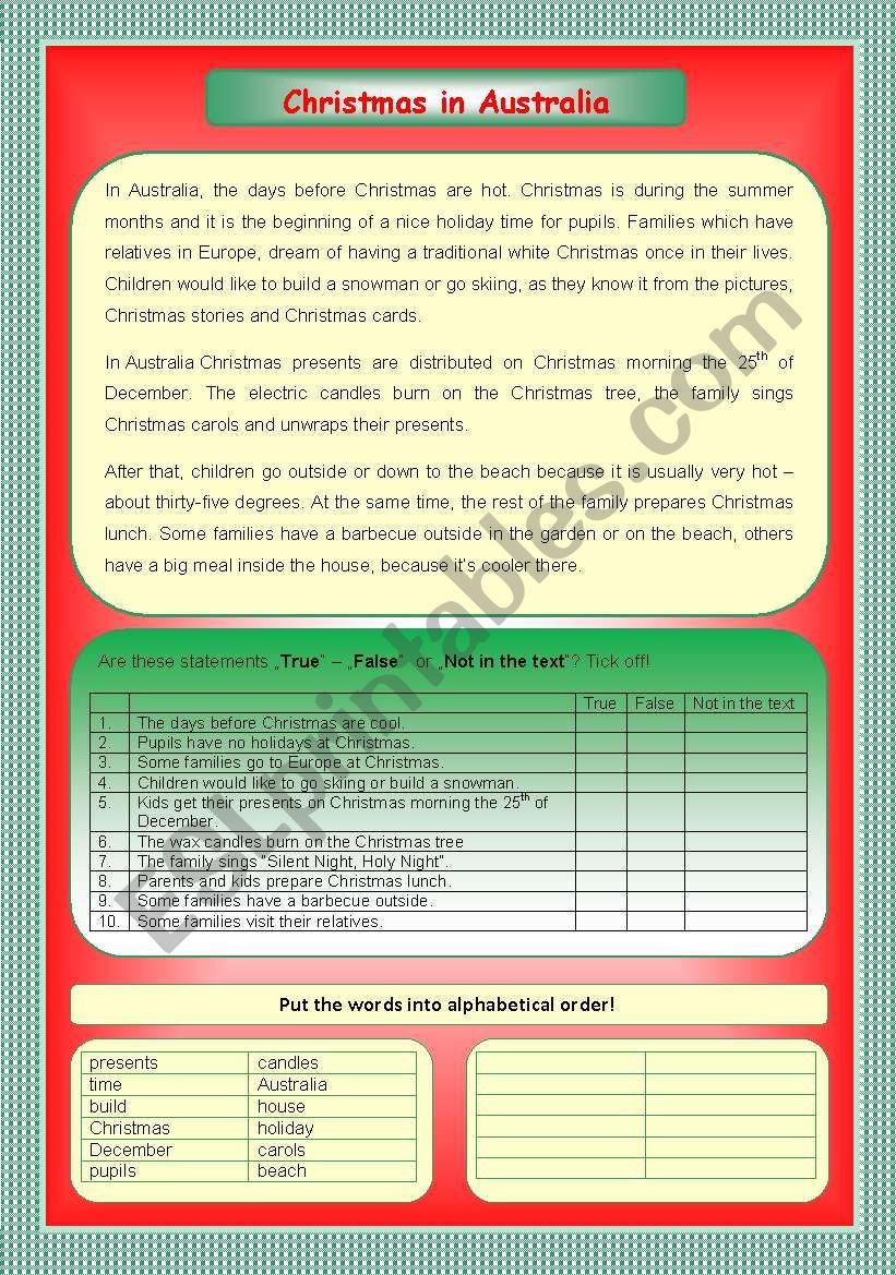 Christmas in Australia worksheet