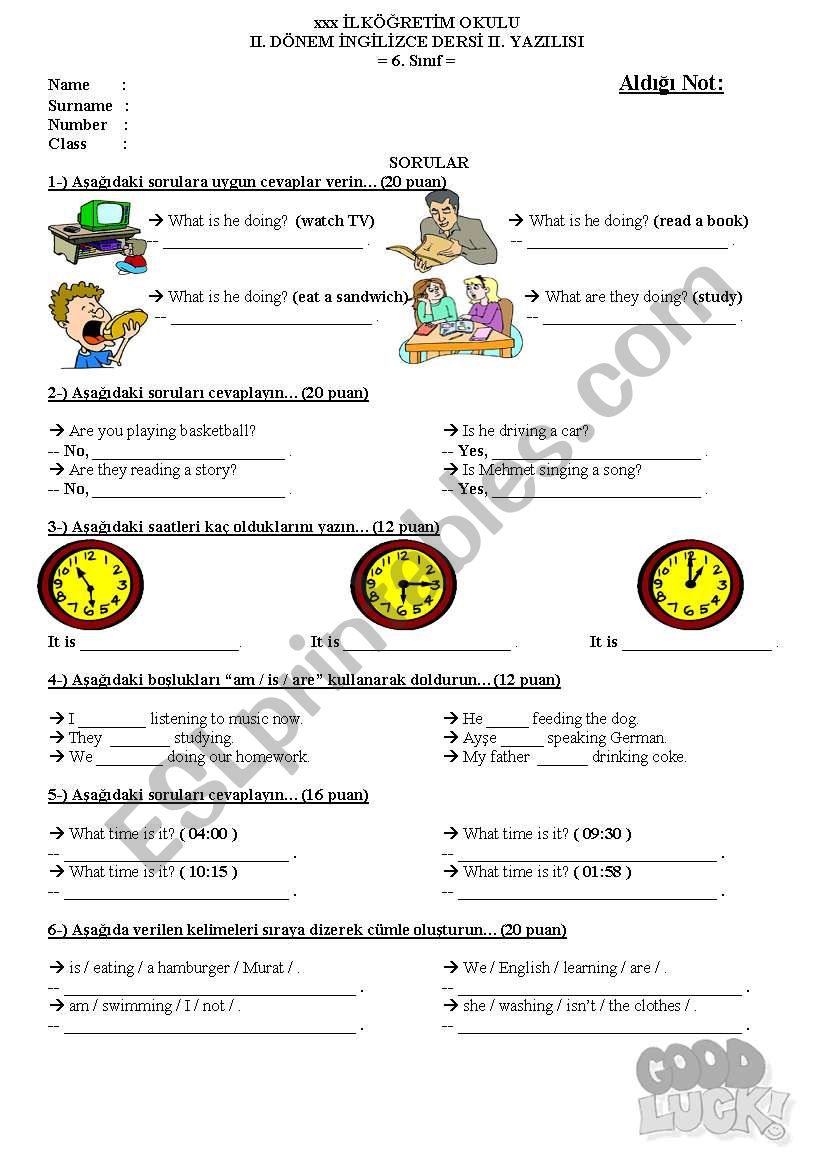 exam for 6th grades worksheet