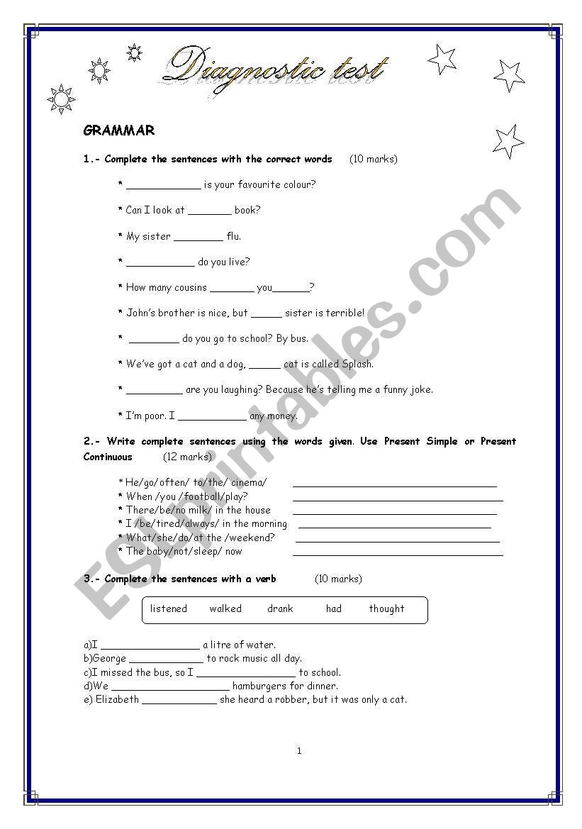 Test on tenses worksheet