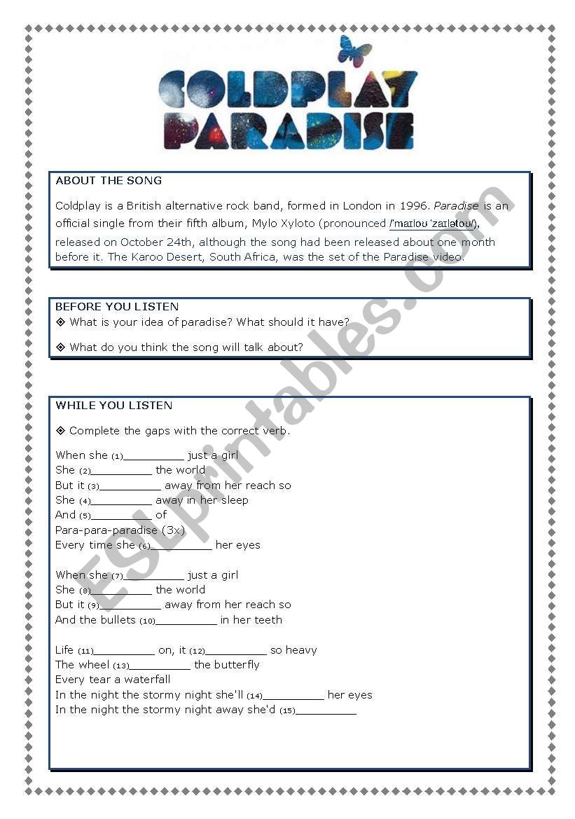 Paradise - song by Coldplay worksheet