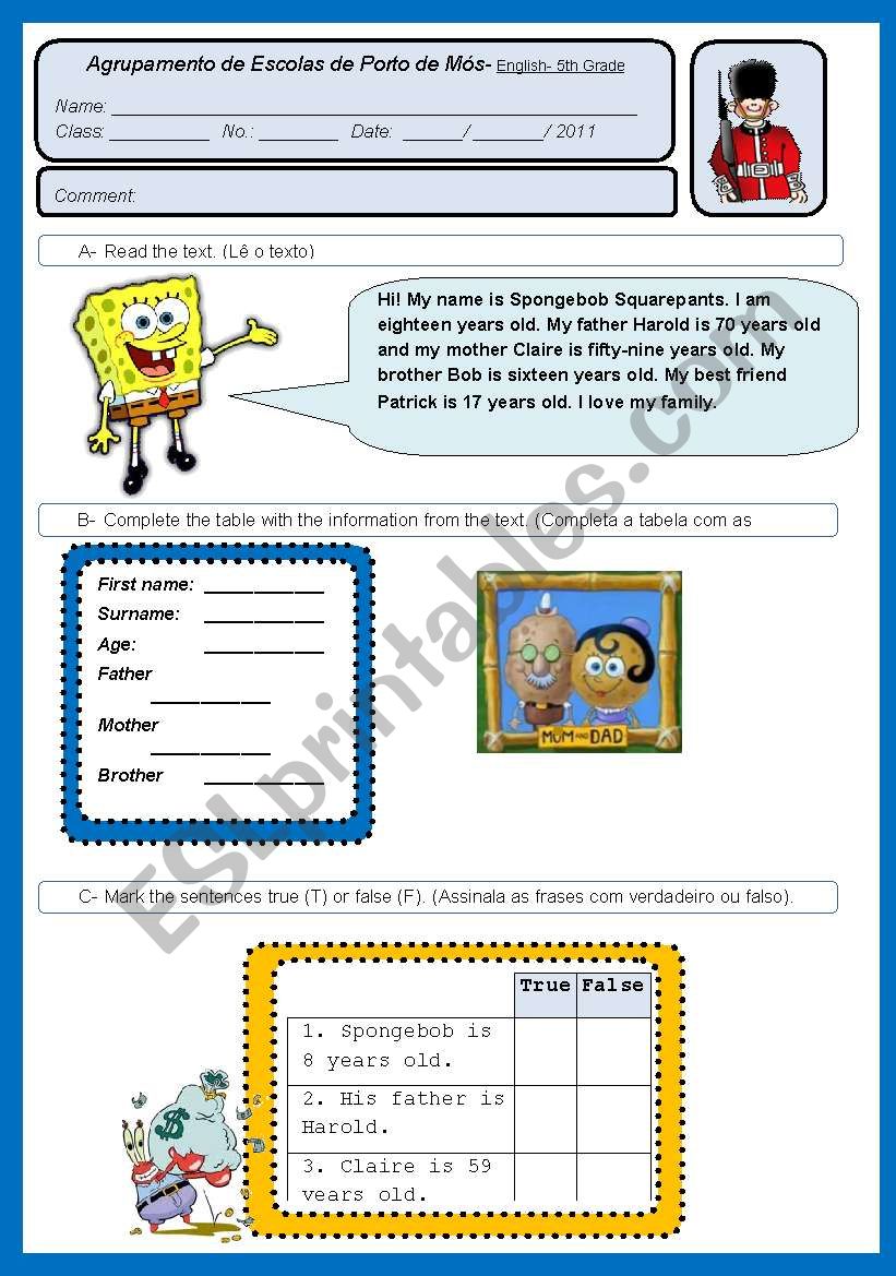 Test ID, family 5th grade worksheet
