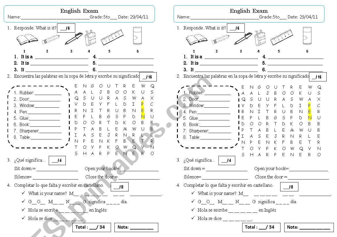 Exam 5th grade school objects and commands 