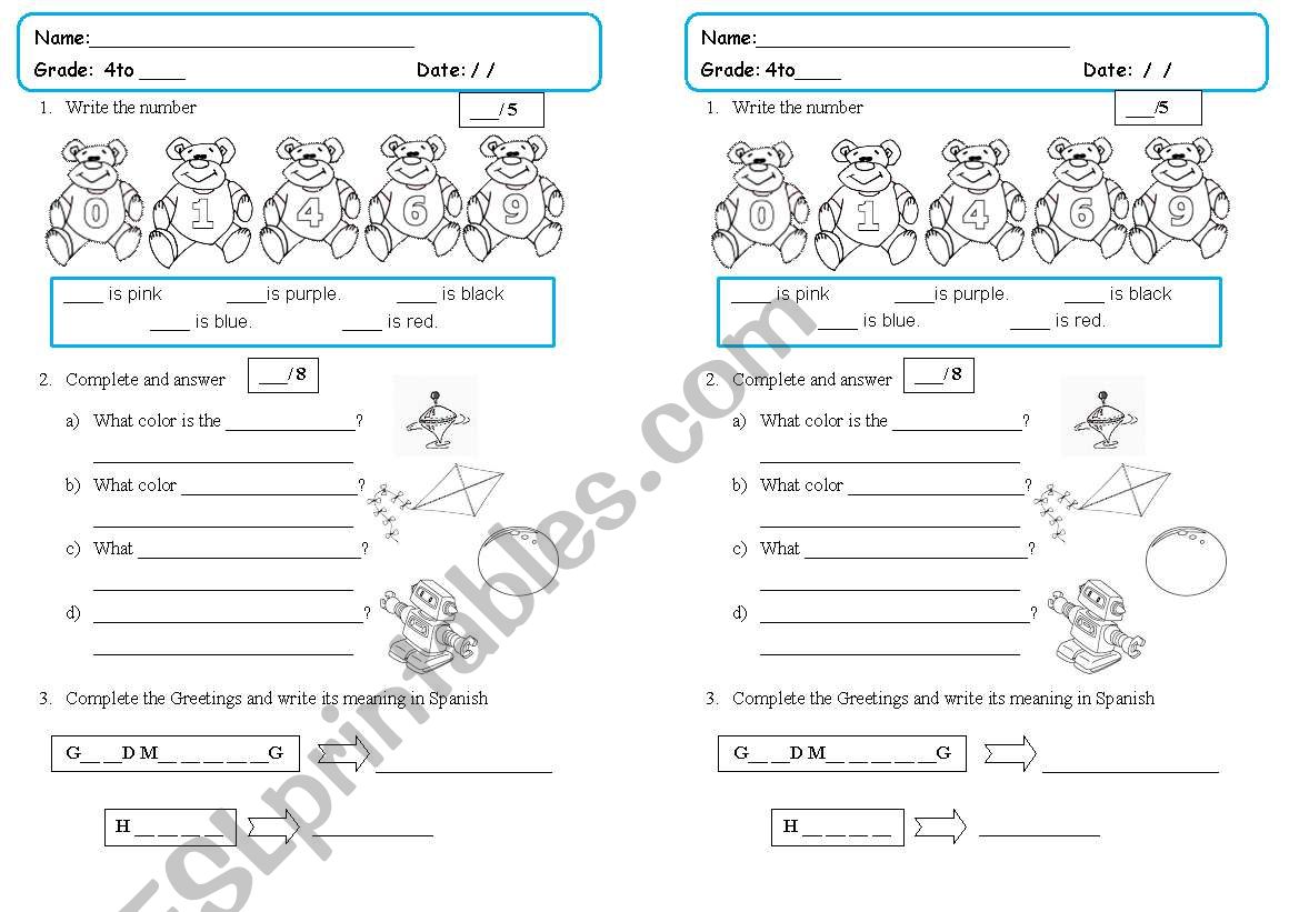 Exam 4th grade colors numbers and toys