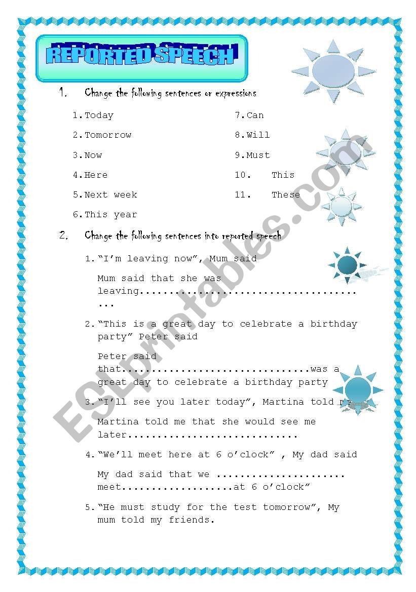 REPORTED SPEECH REVISION worksheet