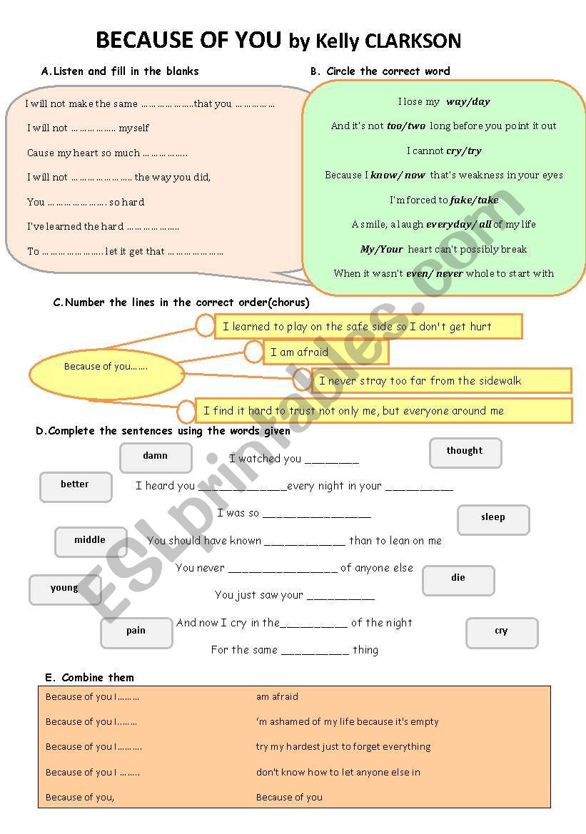 because of you worksheet