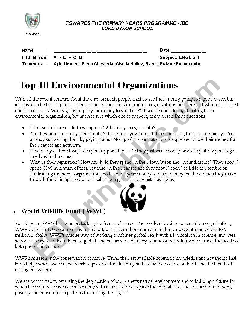 Environmental Organizations worksheet