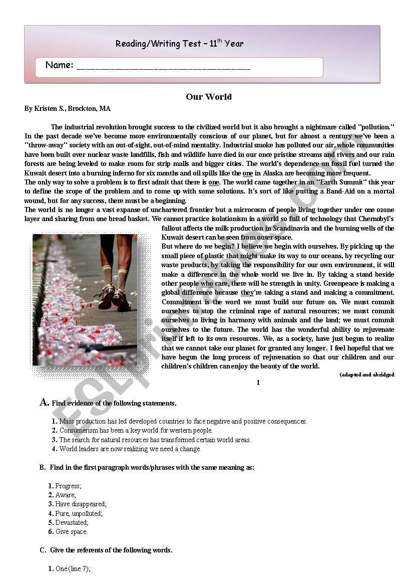 Test 11th - Our World worksheet