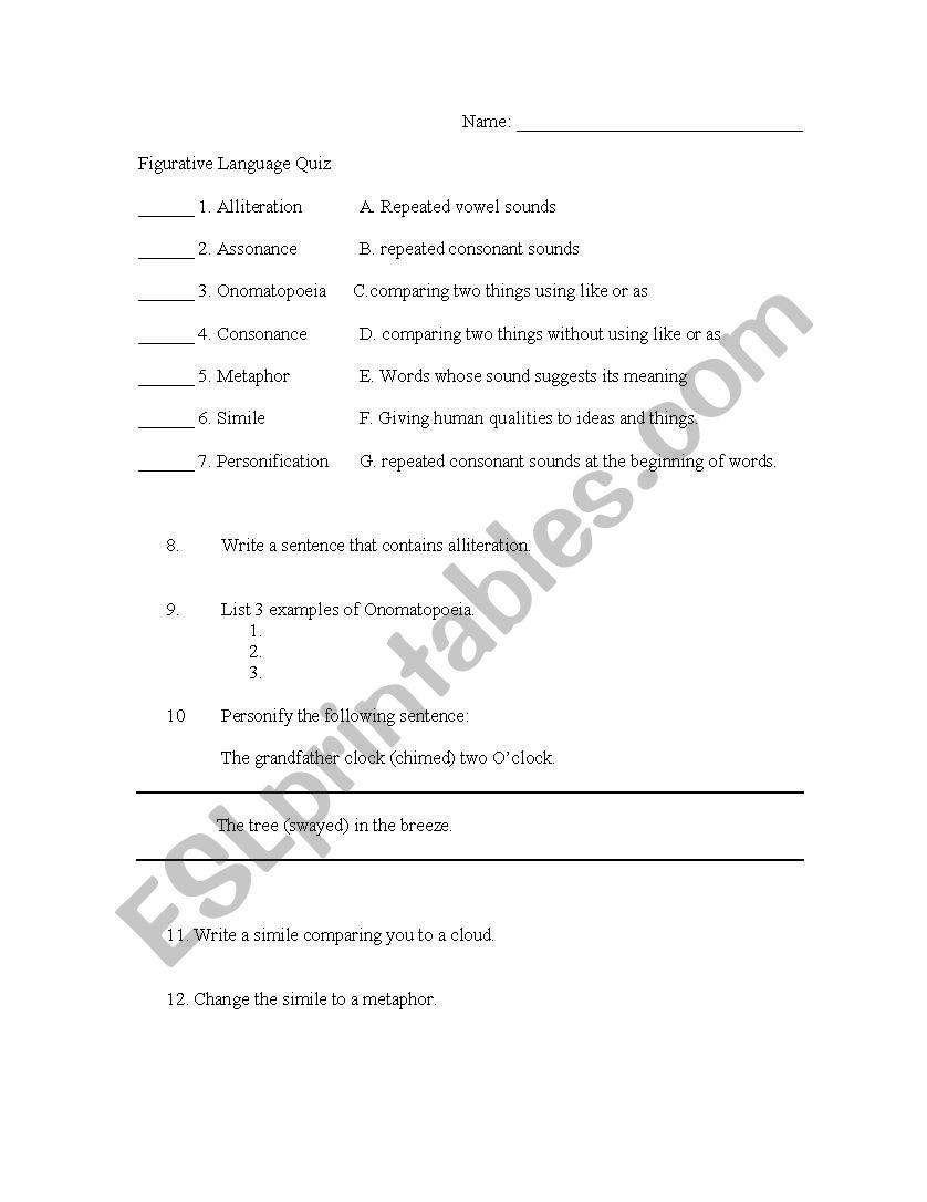 Figurative Language Test worksheet