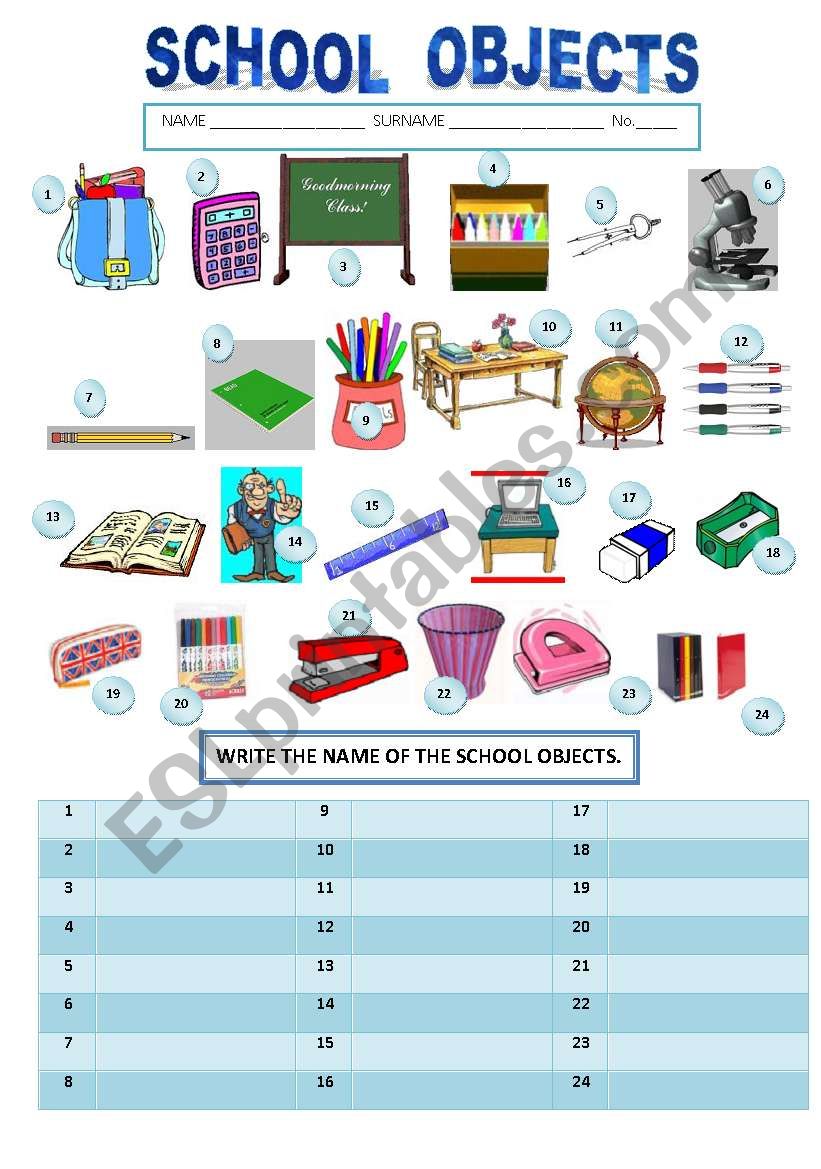 SCHOOL OBJECTS worksheet
