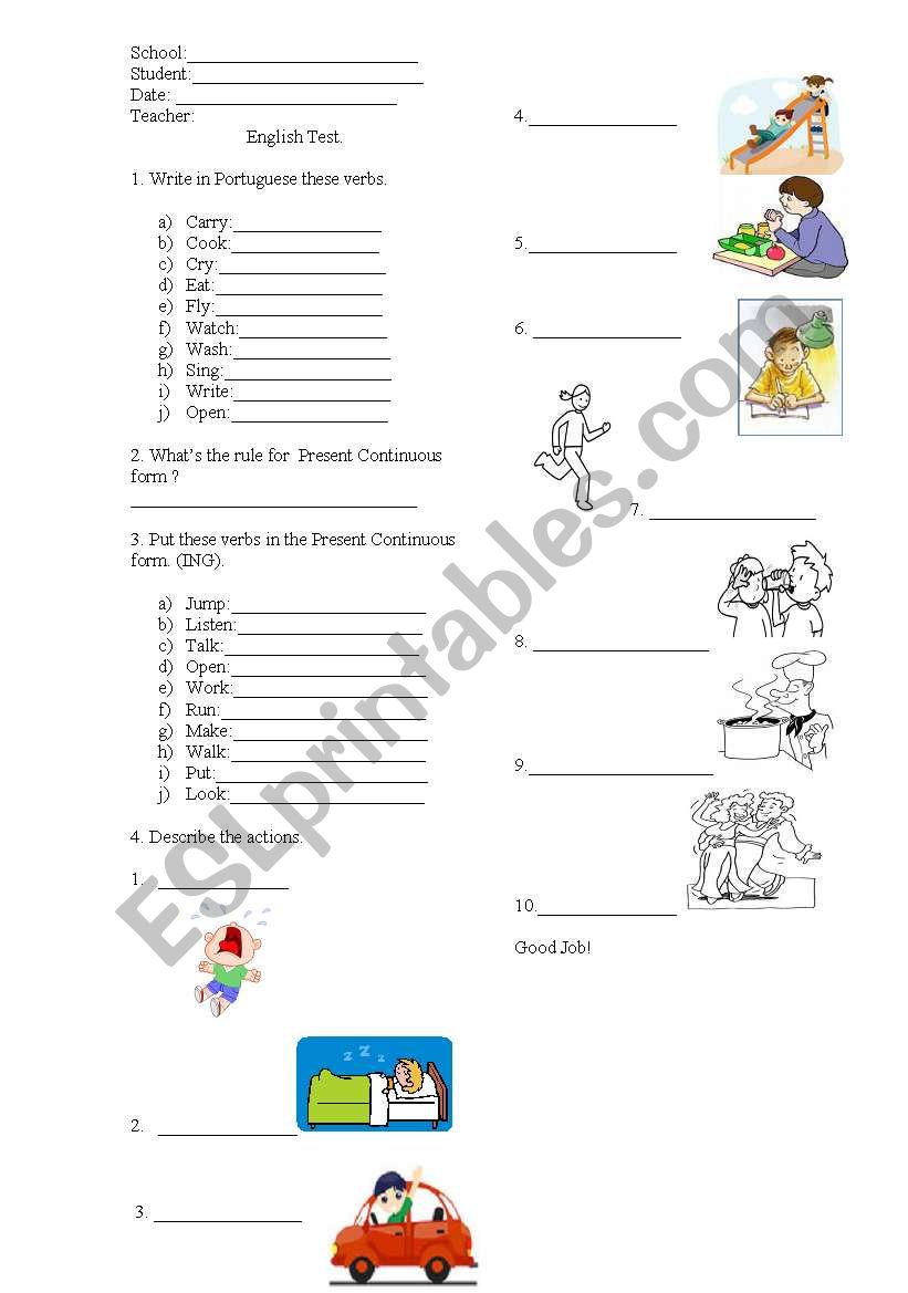 Present Continuous test worksheet