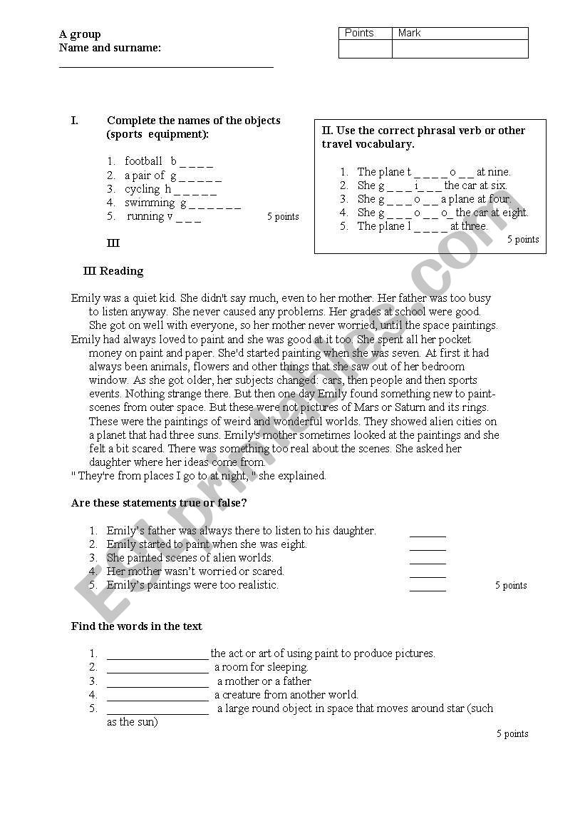  reading and vocabulary test worksheet