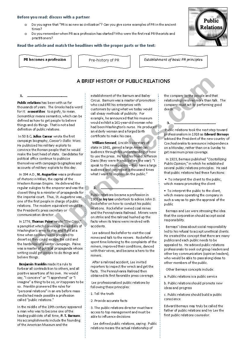 Brief History of PR worksheet