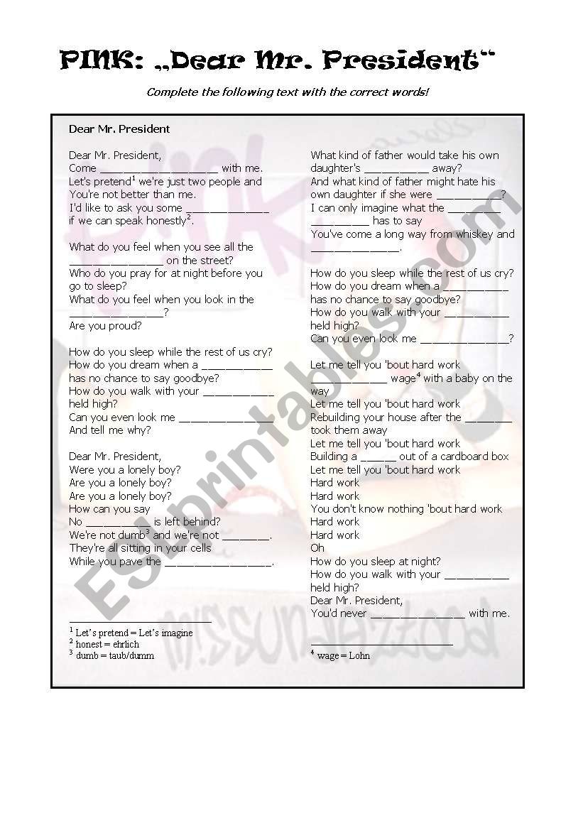 Song: Dear Mr President  worksheet