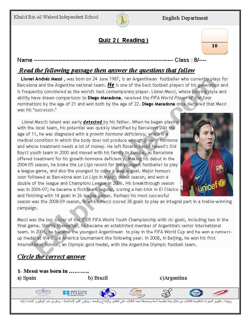 reading comp. about Messi worksheet
