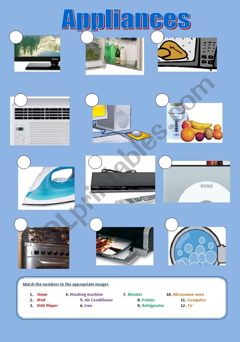 Appliances worksheet
