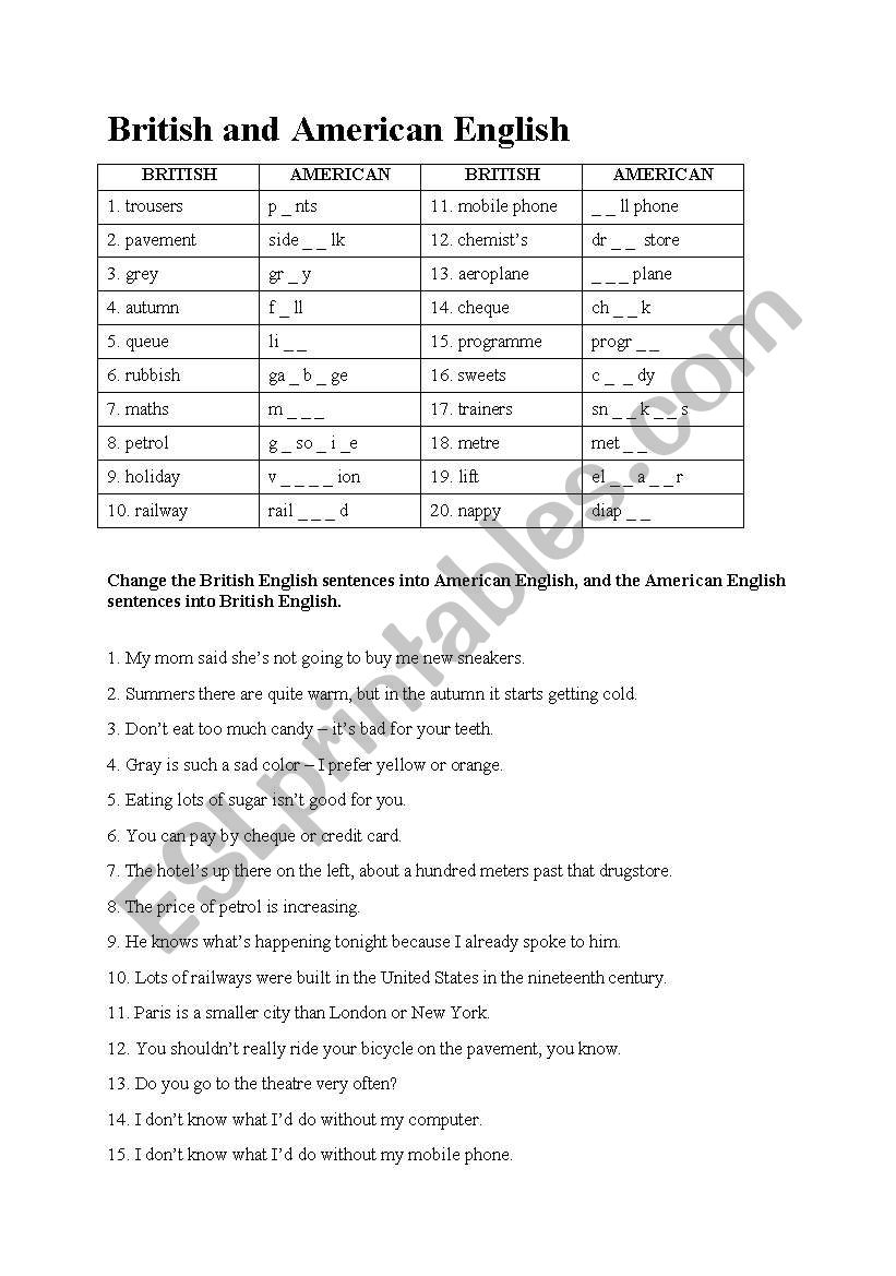 British & American English worksheet