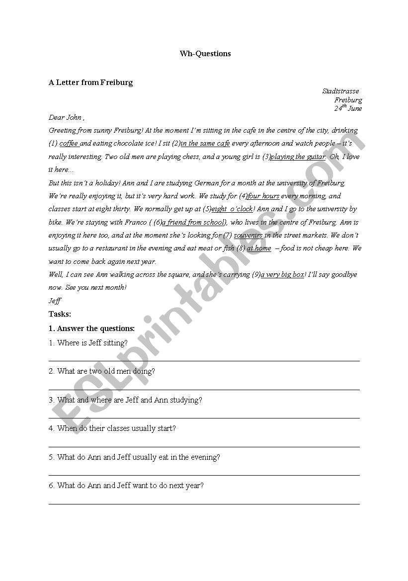 Wh-Questions: a Letter worksheet