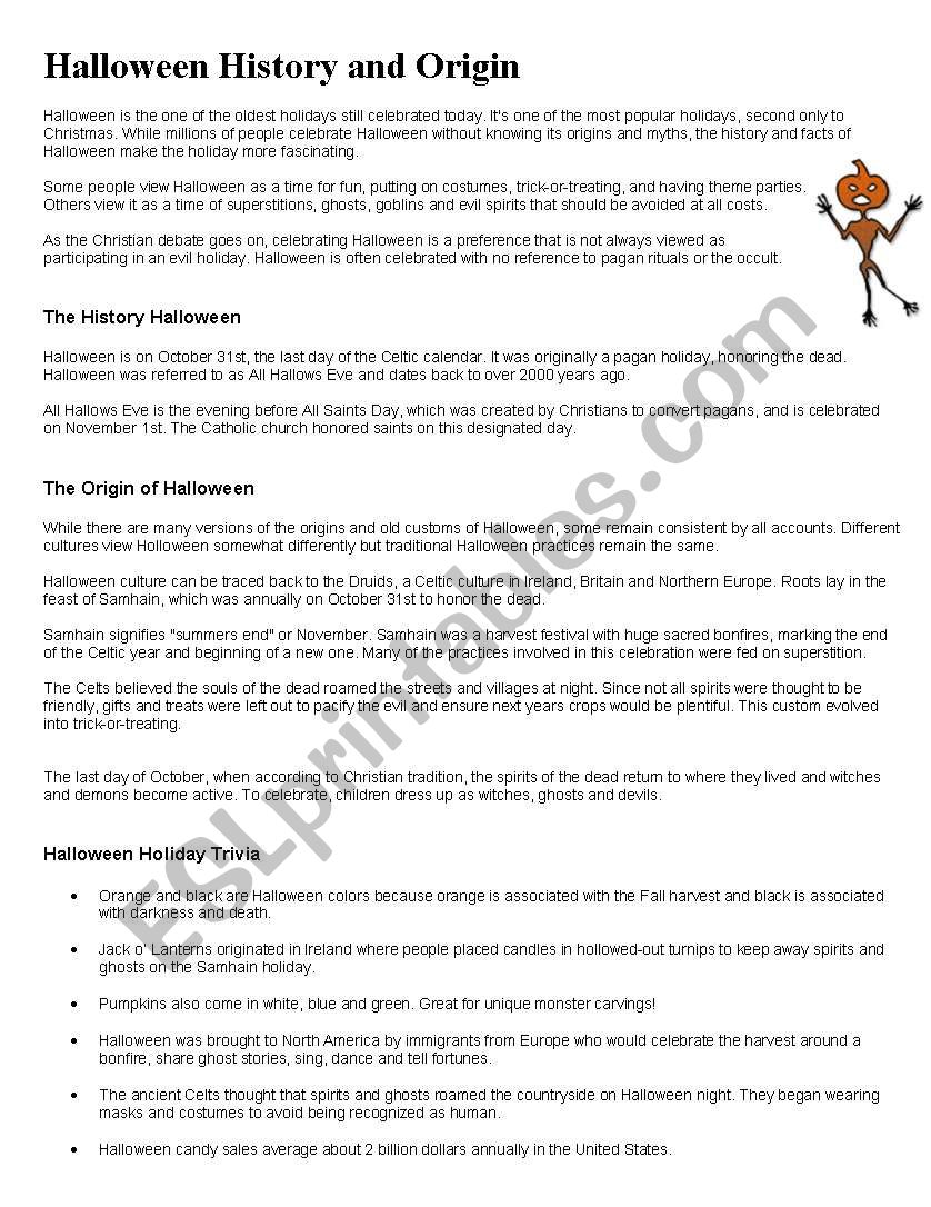 Halloween history and origin worksheet