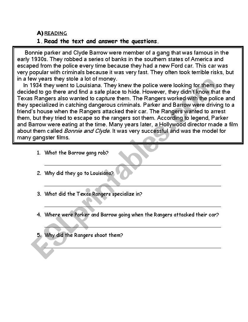 READING BONNIE AND CLYDE worksheet