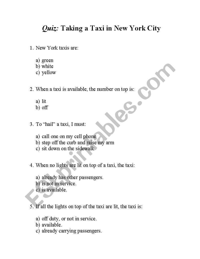 Taking A Taxi worksheet