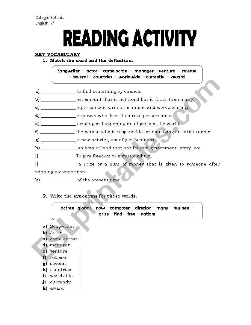 Justin Bieber biography worksheet