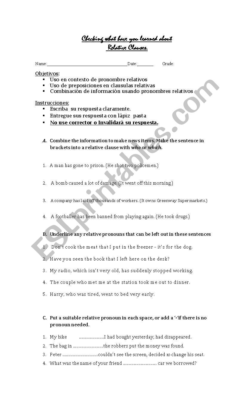 Relative Clauses worksheet