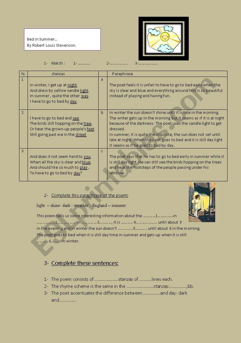 bed in summer worksheet