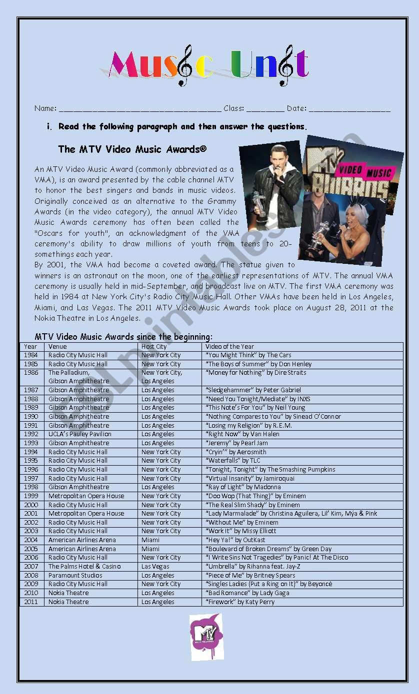 MTV Video Music Awards worksheet