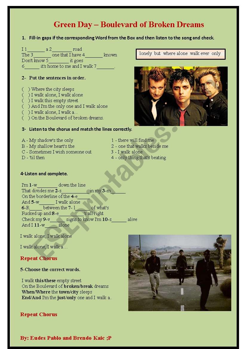 BOULEVARD OF BROKEN DREAMS worksheet