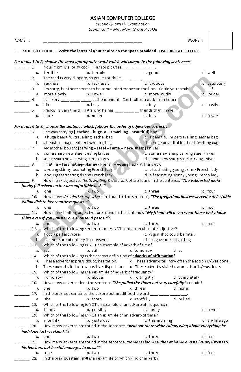 Adjectives and Adverb Examination