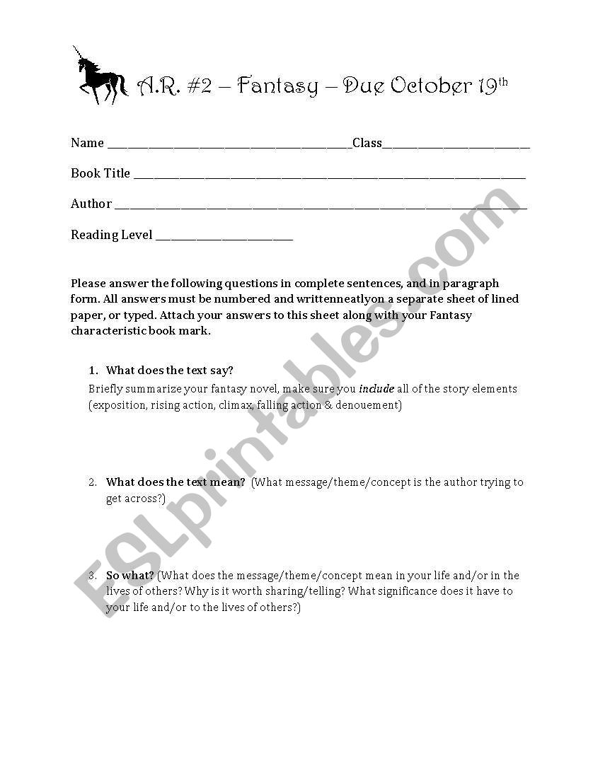 Fantasy Book Report worksheet