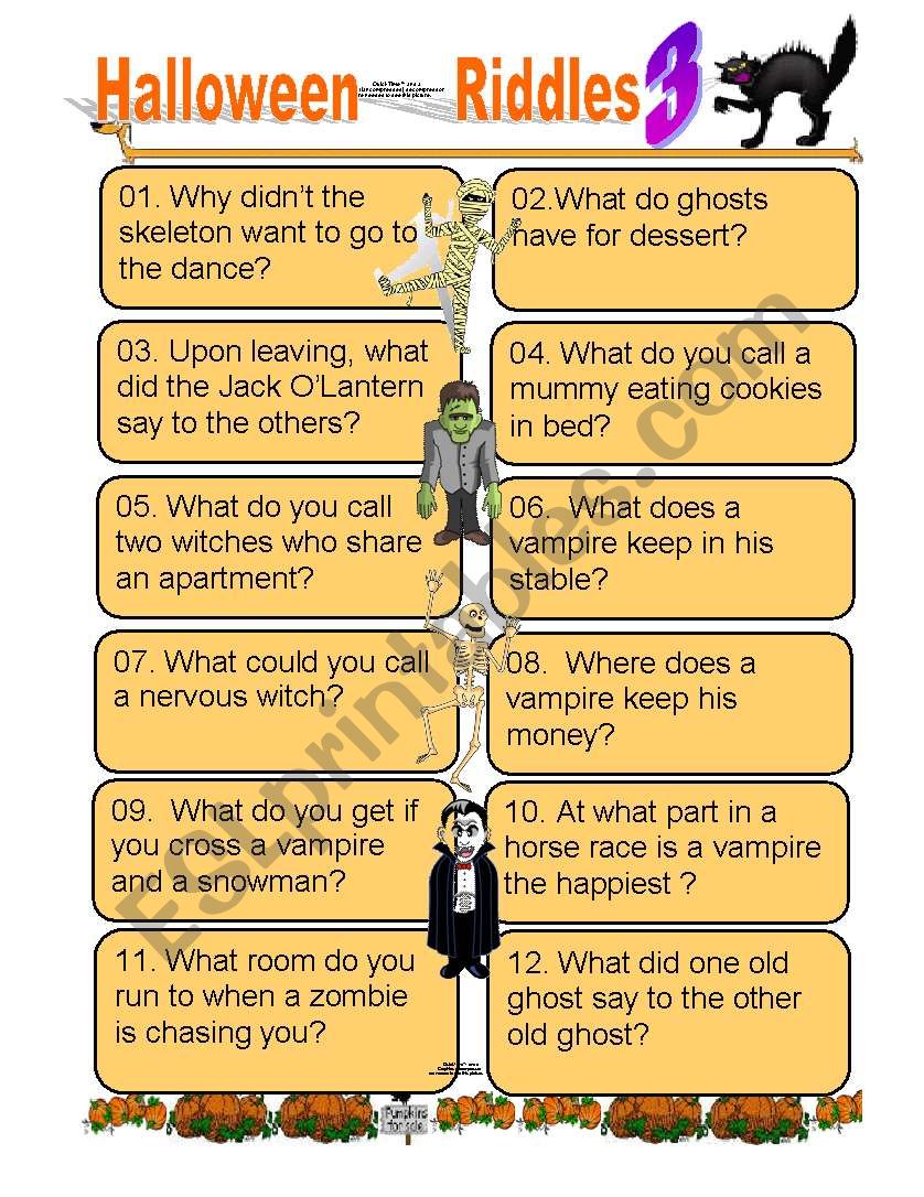 Twelve Funny Halloween riddles Part 3 for kids of all ages ESL